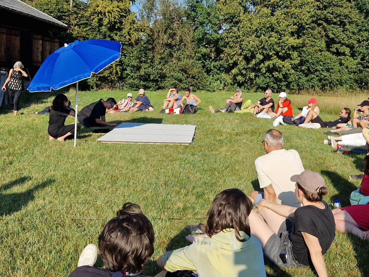 Squaring the circle: TaDA residents Selina Reiterer and Oliver Maklott during their sound carpet performance.